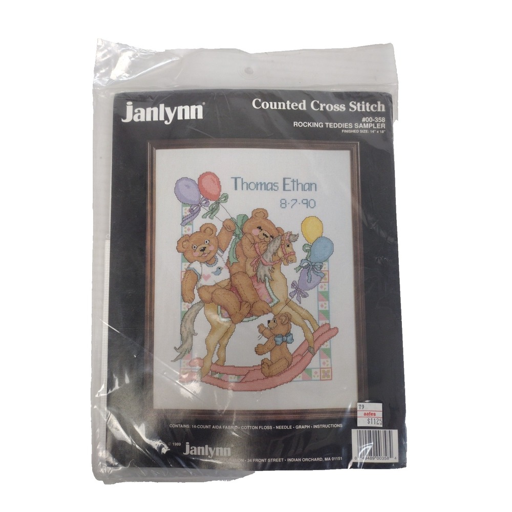VTG 1989 Teddy Bear Counted Cross Stitch Kit Janlynn NEW Birth Announcement 80's